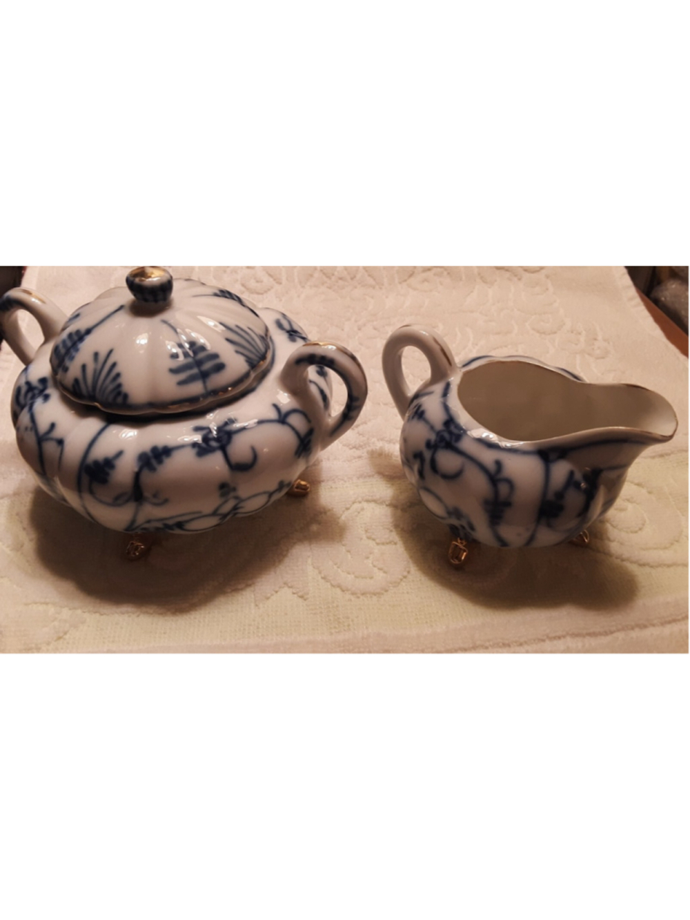 Vintage Cobalt Blue White Sugar Bowl With lid & Creamer dish Porcelain gold feet